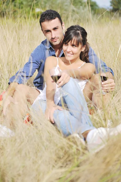 Happy couple enjoying countryside picnic in long grass Stock Picture