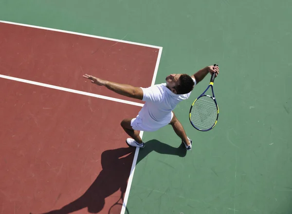 Jeune Homme Jouer Tennis Plein Air Sur Court Tennis Orange — Photo