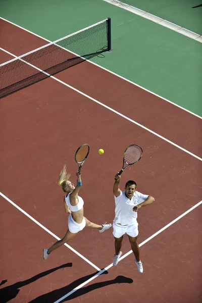 Happy Young Couple Play Tennis Game Outdoor Man Woman — Stock Photo, Image