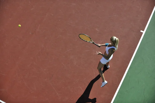 Jonge Passen Vrouw Play Tennis Buiten Oranje Tennisveld Vroege Ochtend — Stockfoto