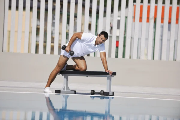 Young Healthy Athlete Man Exercise Poolside — Stock Photo, Image