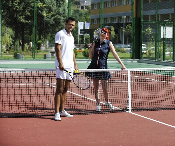 Happy Young Couple Play Tennis Game Outdoor Man Woman — Stock Photo, Image