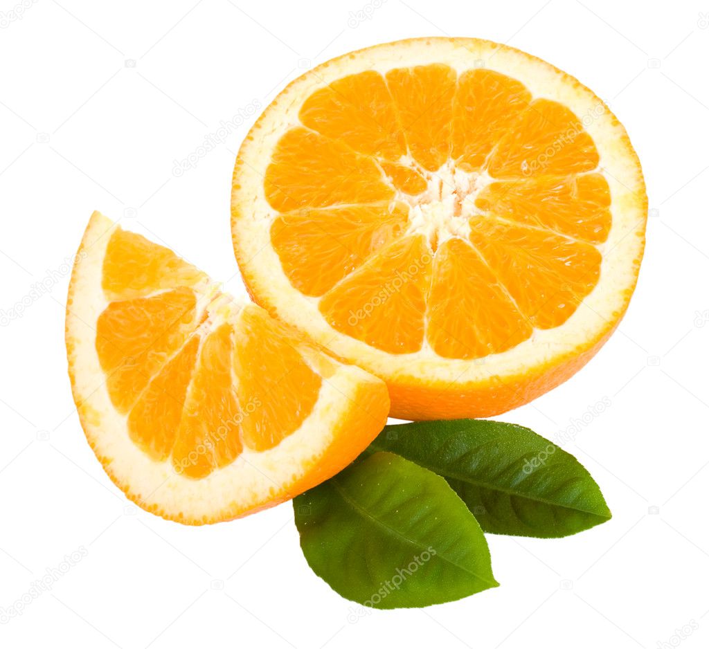 Closeup cut orange fruit with leaves — Stock Photo © Alekcey 2837112