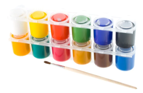 Set of gouache paints with brush — Stock Photo, Image