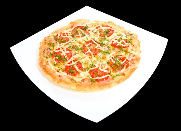 Round pizza on square plate — Stock Photo, Image