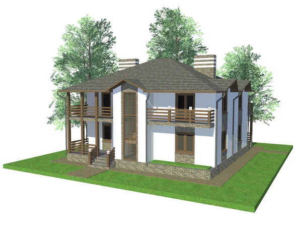 3D μοντέλο σπίτι με δέντρα — Φωτογραφία Αρχείου