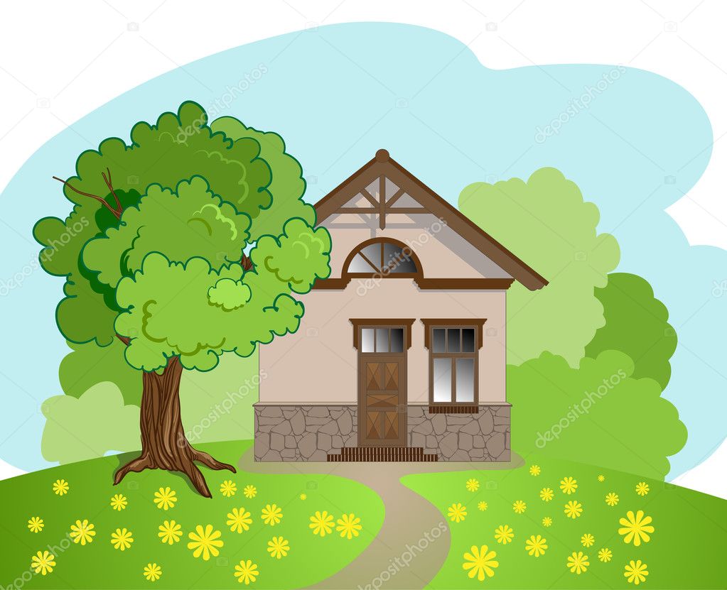 Illustration of isolated cartoon house with tree