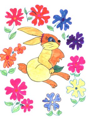 Rabbit and flowers, sketch clipart