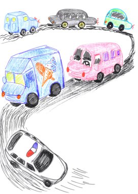 Heavy traffic on road, cars sketch clipart