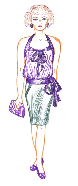 Vrouw en modieuze kleding, schets — Stockfoto