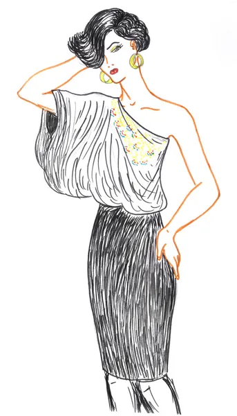 Kobieta i modne ubrania, szkic — Zdjęcie stockowe
