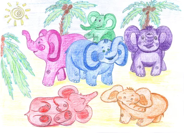 Elefantes bebé de colores divertidos, dibujo — Foto de Stock