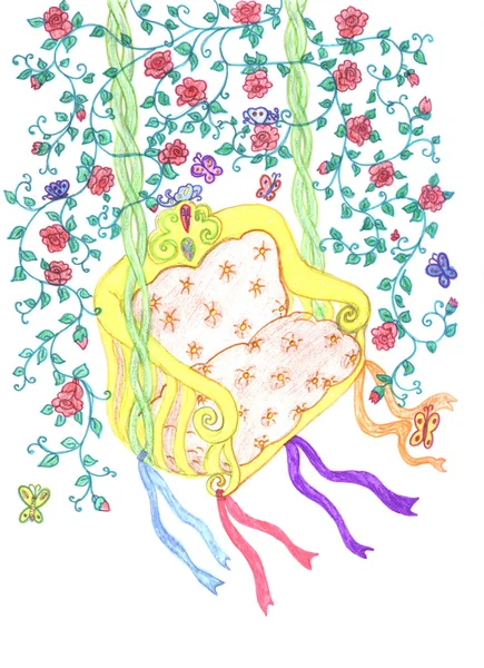 Рисунок качели между цветочными ветвями — стоковое фото