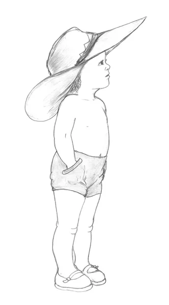 Małe dziecko w kapeluszu, szkic — Zdjęcie stockowe