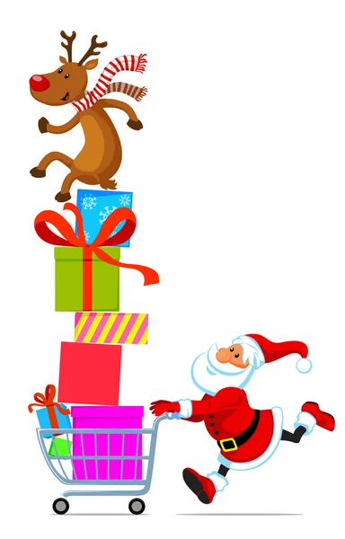 Santa met winkelwagentje vol geschenken — Stockvector