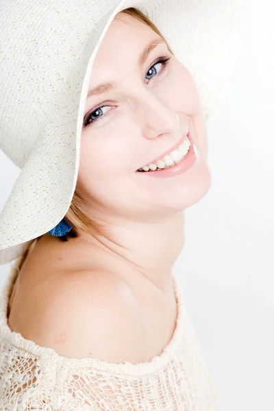Sexy kobieta w kapelusz na białym tle — Zdjęcie stockowe