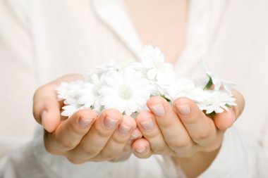 Beyaz çiçekleri tutan kadın