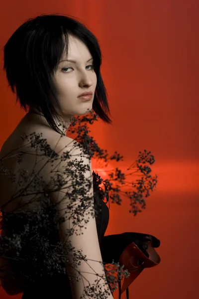 Das Mädchen mit den schwarzen Haaren auf rotem Hintergrund — Stockfoto