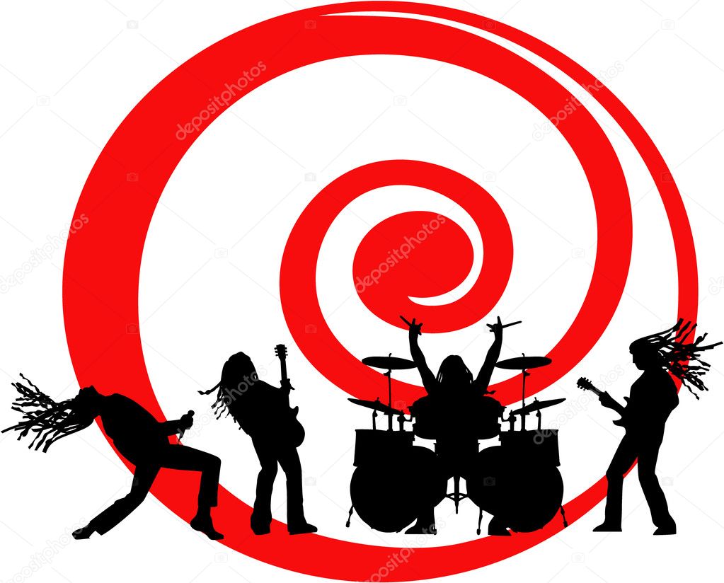 The vector musicians silhouette on red swirl