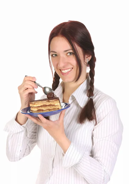 Hermosa mujer comiendo pedazo de pastel — Foto de Stock