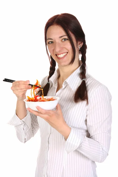 Beautiful woman eating with chopsticks — Stock Photo, Image