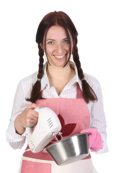Ama de casa preparando con mezclador de cocina — Foto de Stock