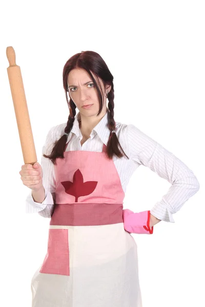 Mad housewife with a rolling pin — Stock Photo, Image