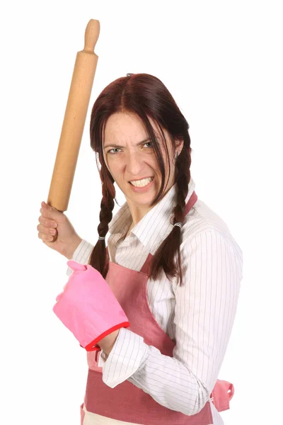 Verrückte Hausfrau mit Nudelholz — Stockfoto
