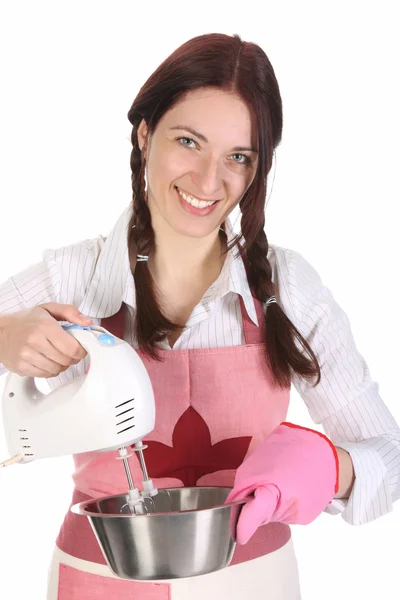 Femme au foyer préparant avec mélangeur de cuisine — Photo