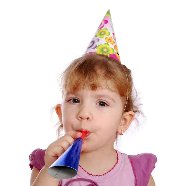Little girl with trumpet birthday party — Stock Photo, Image