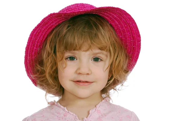 Little girl with red straw hat — Stock Photo, Image