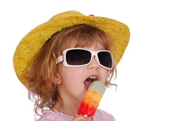 Little girl with hat sunglasses and ice — Stock Photo, Image