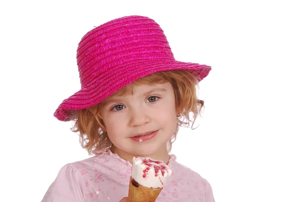Little girl with hat and ice cream — Stock Photo, Image