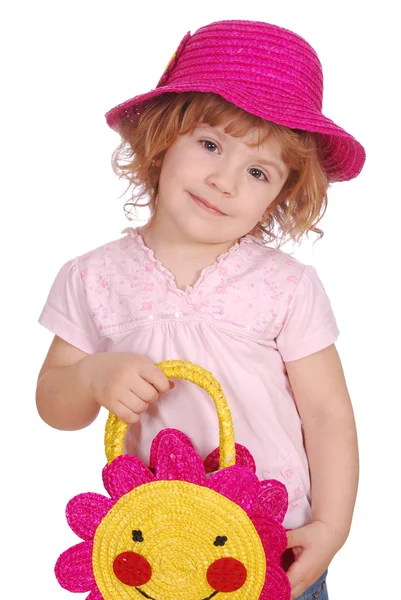 Kleines Mädchen mit Hut und Tasche — Stockfoto