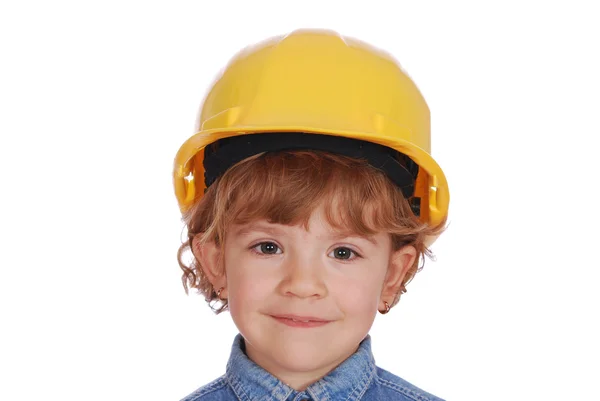 Menina com capacete amarelo retrato — Fotografia de Stock