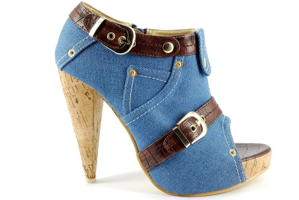 Frau high hell open toe Jeans Schuh — Stockfoto