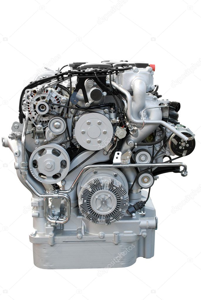 Front view of heavy truck engine isolated