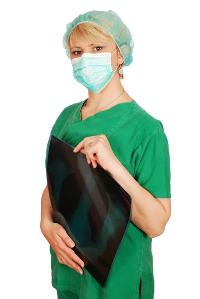 Kobieta lekarz ze stawianiem maska — Zdjęcie stockowe