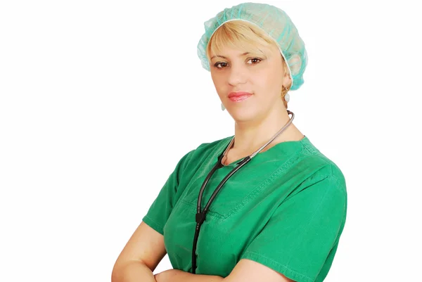 Mulher médico em uniforme verde — Fotografia de Stock