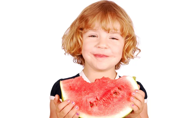 Gelukkig meisje met watermeloen — Stockfoto