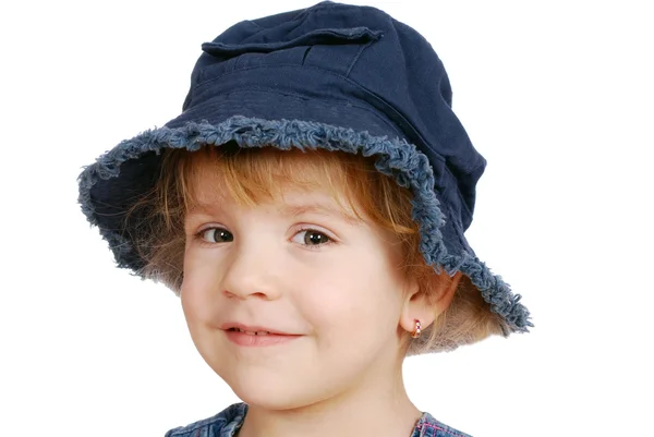 Menina beleza com chapéu de calça azul — Fotografia de Stock