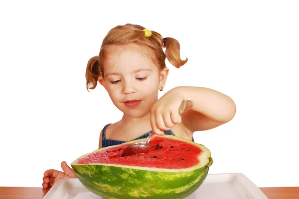 Meisje met verse watermeloen — Stockfoto