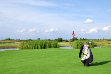 Golf field with flag and golf bag clipart