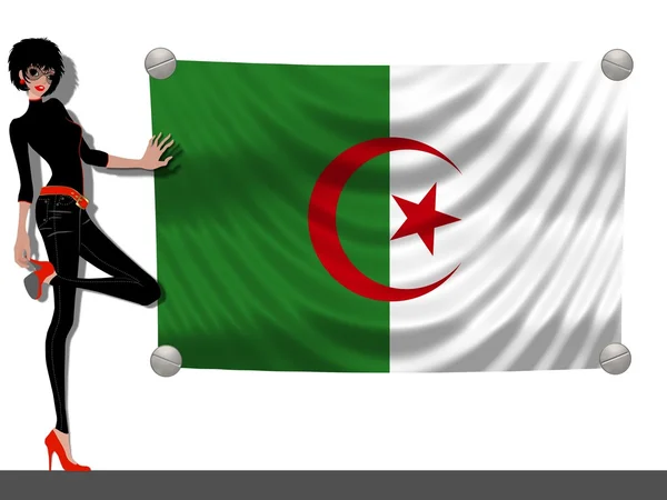 女孩与阿尔及利亚的一面旗帜 — 图库照片
