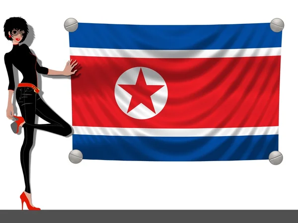 Ragazza con una Bandiera della Corea del Nord — Foto Stock