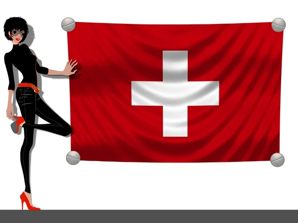 Flicka med en flagga i Schweiz — Stockfoto