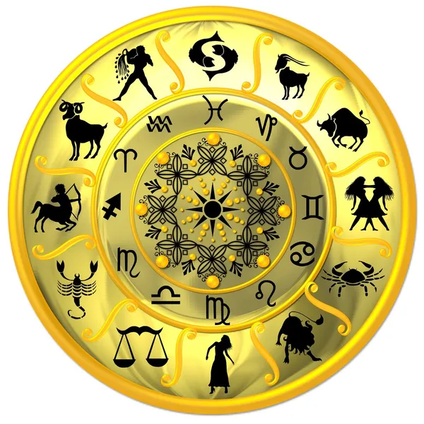 Disco zodíaco amarelo com sinais e símbolos — Fotografia de Stock