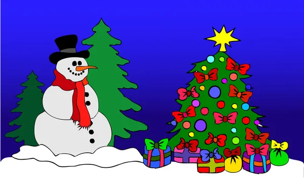 Muñeco de nieve con árbol de Navidad — Foto de Stock
