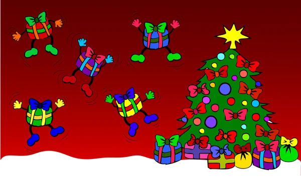 Boîtes cadeaux sautantes avec arbre de Noël — Photo