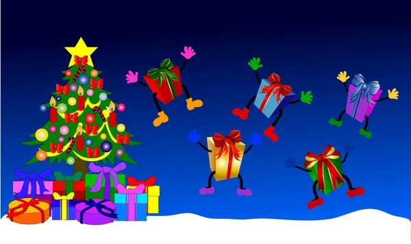 Giftboxes met kerstboom springen — Stockfoto